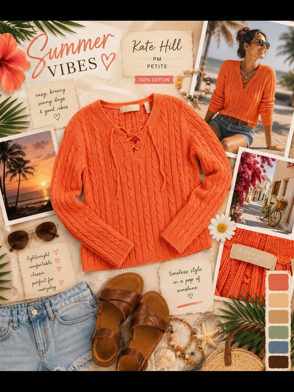 Kate Hill Orange Cable-Knit V-Neck Lace-Up Sweater